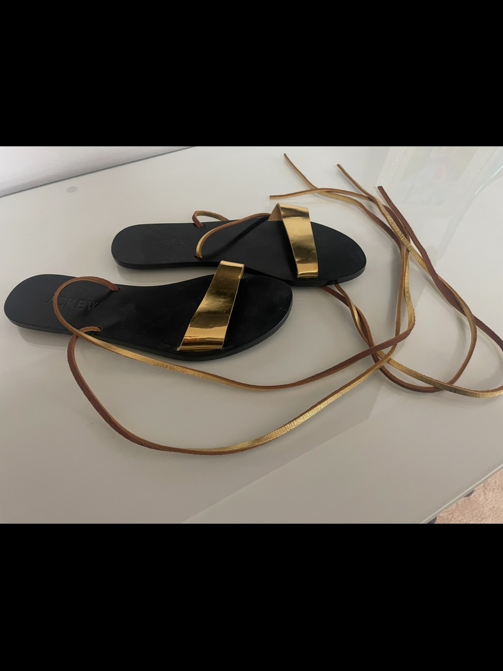 J. Crew Black and Gold Lace-Up Slide Sandals